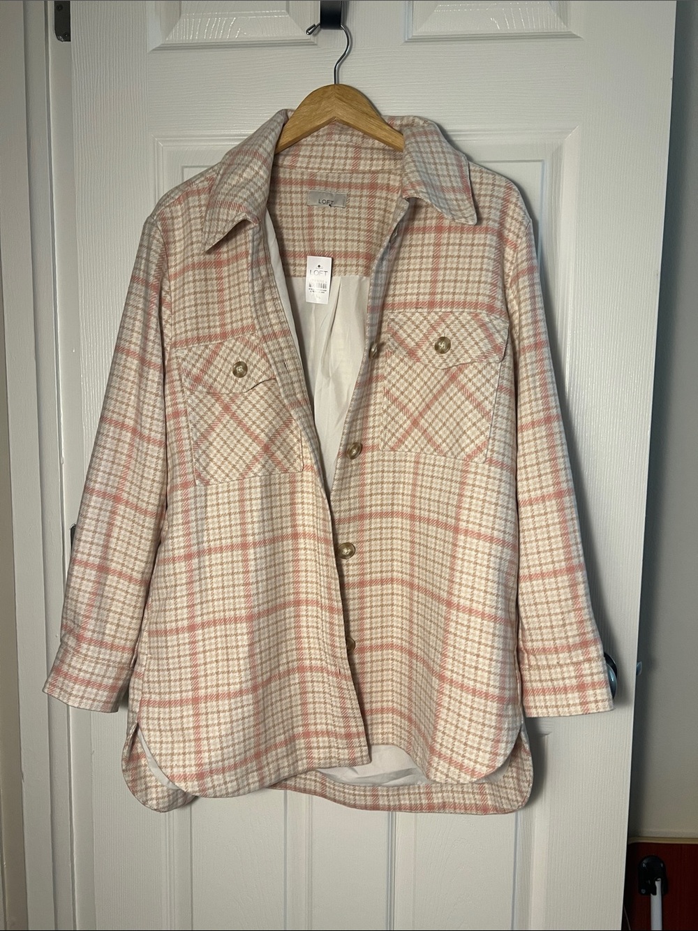 LOFT Cream and Pink Plaid Button-Up Shacket